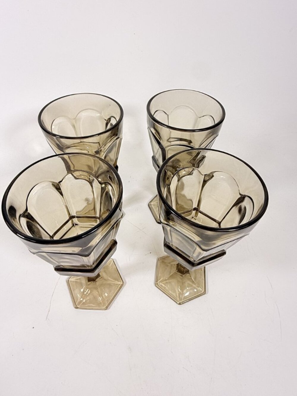 Water Goblets Stemmed Paneled Fostoria Virginia Smoky Brown Set 4 Mid Century Vi - Picture 12 of 14